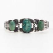 Atq 【IH】 Coin Silver Cuff Bracelet w/Green Turquoise  c.1930