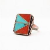 Charlene Zunie OLDPAWN Turquoise & Coral Inlay Ring  c.1980