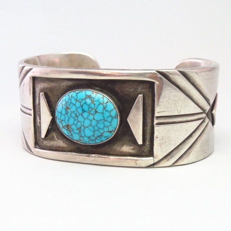 Vintage Navajo Heavy Silver Overlay Cuff w/Gem #8 TQ c.1950～