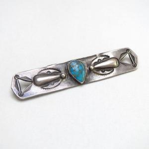 Vtg Navajo Stamped Ingot Silver Pin Brooch w/Gem TQ  c.1935～