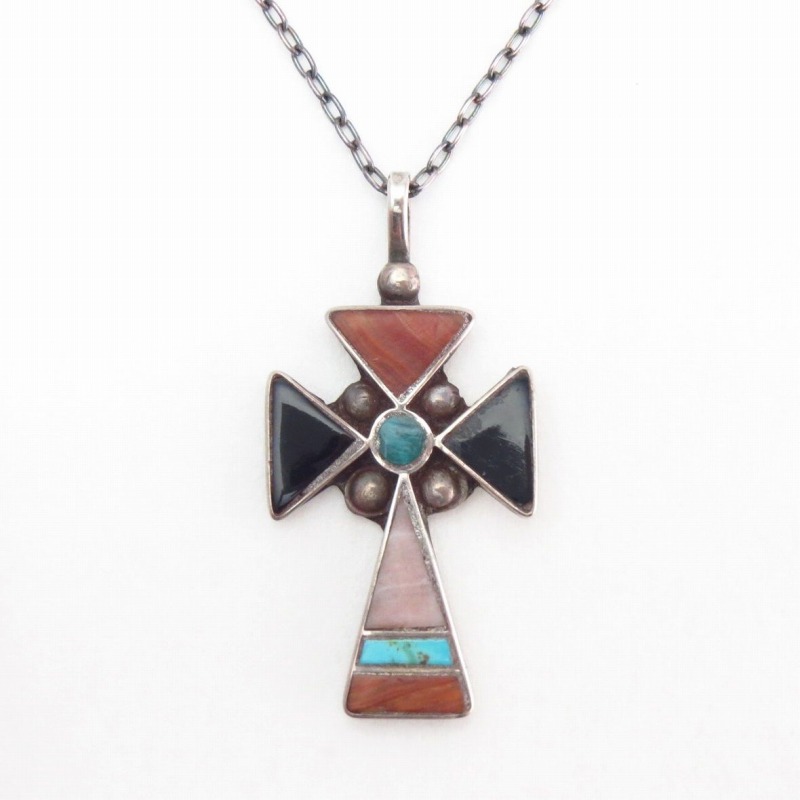 Vintage Zuni Multi-Stone Inlay Cross Fob Necklace  c.1955～