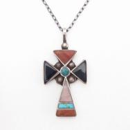 Vintage Zuni Multi-Stone Inlay Cross Fob Necklace  c.1955～