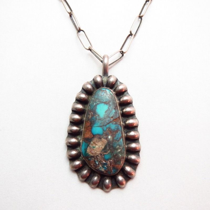 Vintage Bisbee Turquoise Fob Handmade Chain Necklace  c.1970