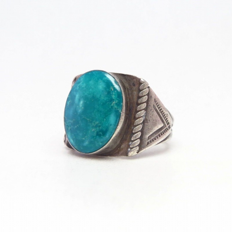 Atq Navajo SplitShank Silver Ring w/Fox Turquoise c.1940～