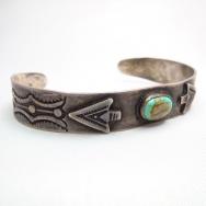 Antique 【IH】 Coin Silver Cuff Bracelet w/TQ c.1930