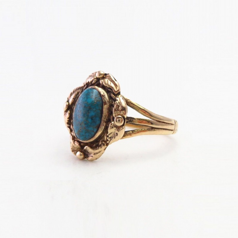 Old Navajo 14K Gold Ring w/Gem Lone Mt. Turquoise  c.1970～