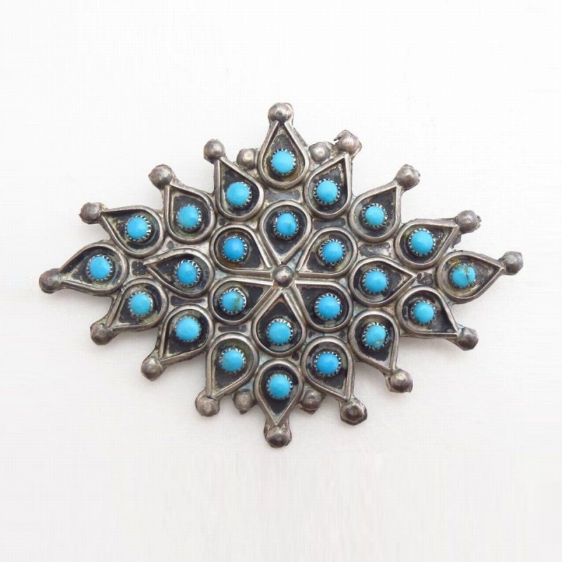 Vintage Zuni 24 Turquoise Cluster Silver Pin Brooch  c.1960～