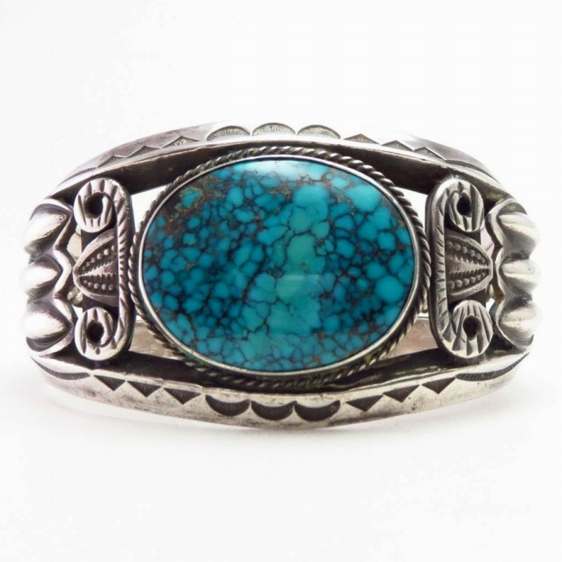 Atq Navajo Heavy Silver Wide Cuff w/Gem Turquoise  c.1930～