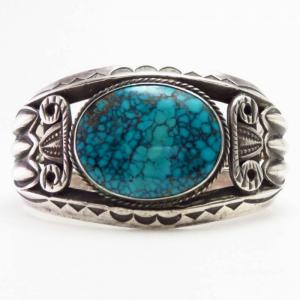 Atq Navajo Heavy Silver Wide Cuff w/Gem Turquoise  c.1930～