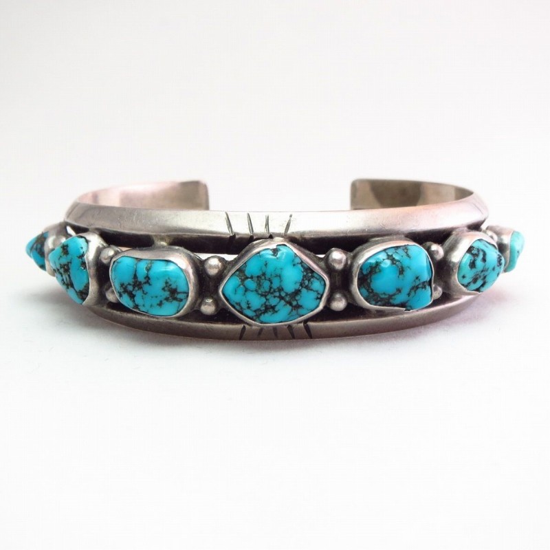 Vintage Navajo Seven Turquoise Row Cuff Bracelet  c.1970～