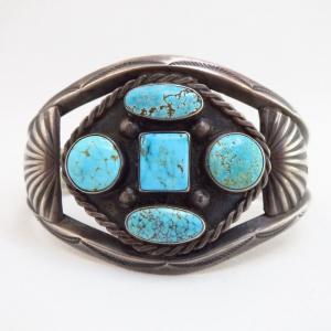 Vintage Navajo Wide Cuff Bracelet w/5 Gem Turquoise  c.1945～