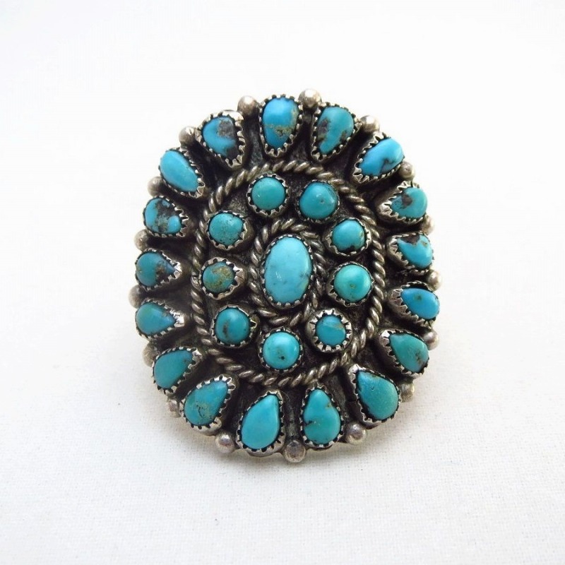 Vintage Zuni Turquoise Cluster Silver Ring  c.1960