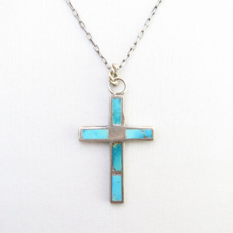 Vtg Zuni Turquoise Inlay Small Cross Fob Necklace  c.1960～