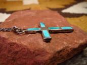 Vtg Zuni Turquoise Inlay Small Cross Fob Necklace  c.1960～