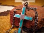 Vtg Zuni Turquoise Inlay Small Cross Fob Necklace  c.1960～