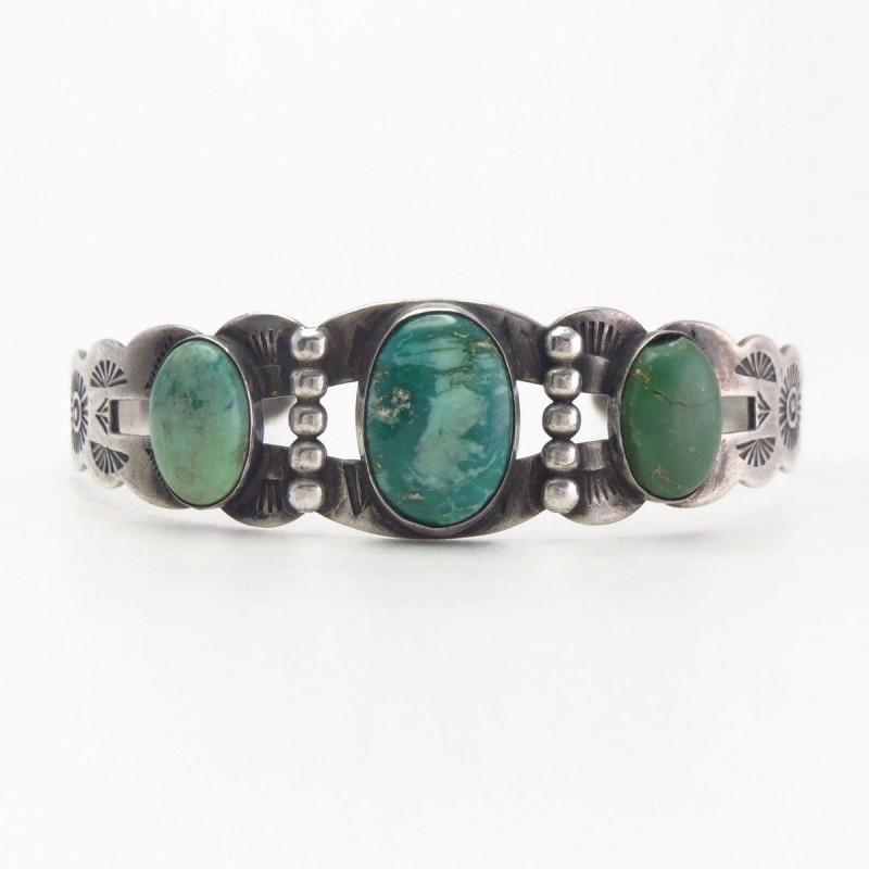 Atq 【IH】 Coin Silver Cuff Bracelet w/Green Turquoise  c.1930