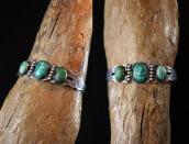 Atq 【IH】 Coin Silver Cuff Bracelet w/Green Turquoise  c.1930