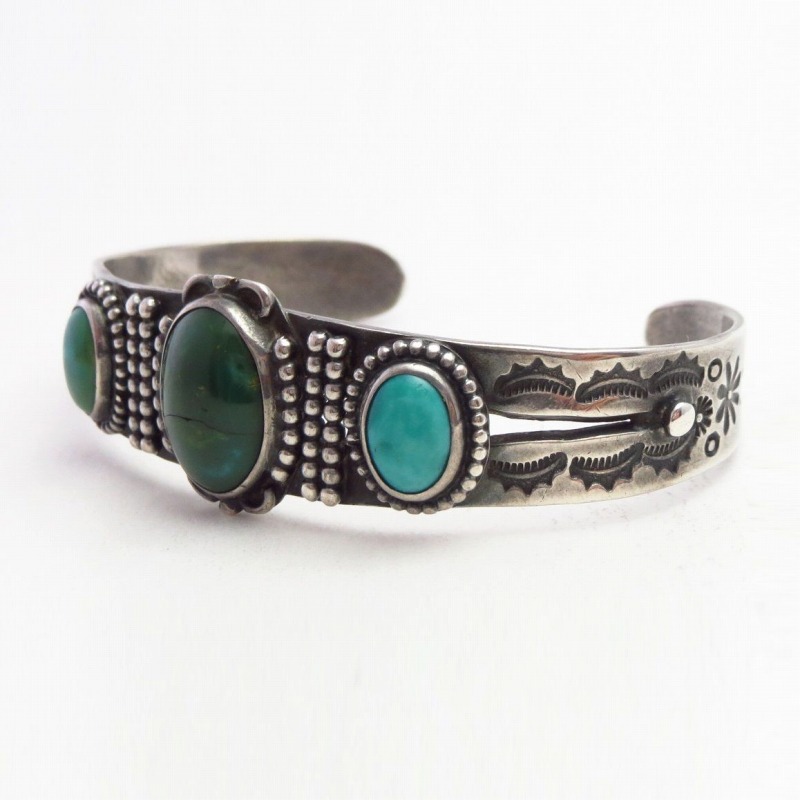 Atq Navajo T-bird & Snake Stamped Cuff w/Turquoise c.1930～