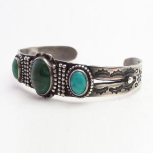 Atq Navajo T-bird & Snake Stamped Cuff w/Turquoise c.1930～