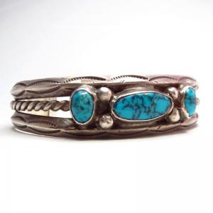 Vintage Navajo Lone Mt. Turquoise Row Cuff Bracelet  c.1950