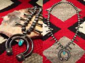 Atq Navajo Silver Squash Blossom Naja Necklace w/TQ  c.1940～