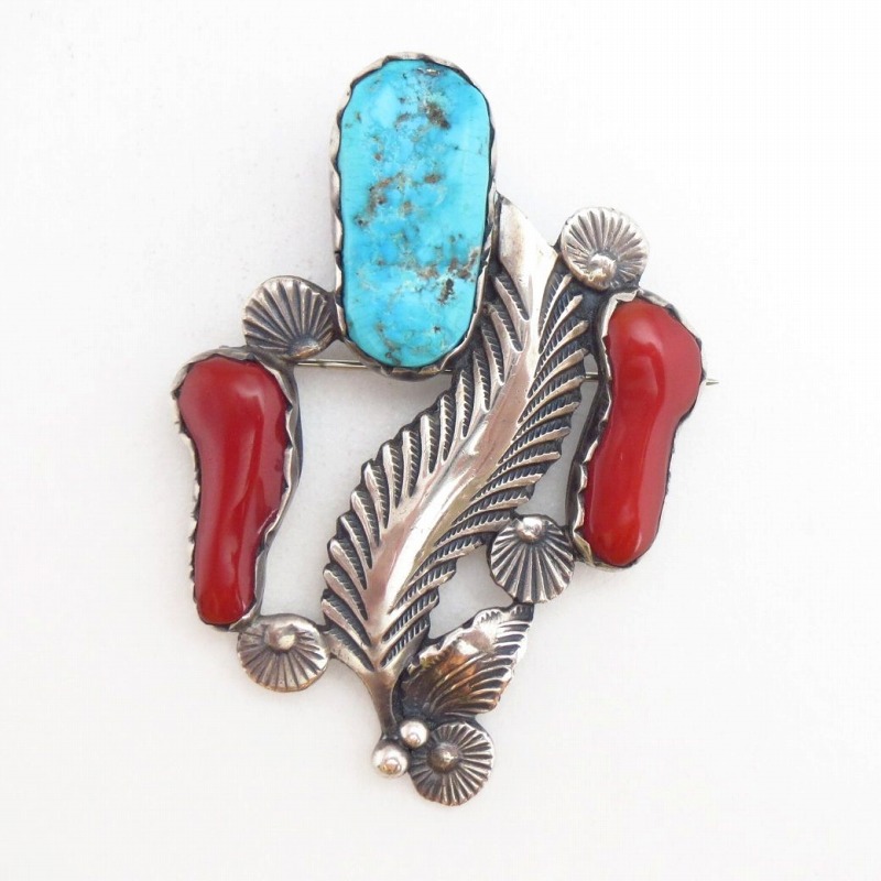 【Dan Simplicio】 Vtg Coral & Turquoise Pin & Pendant  c.1950～