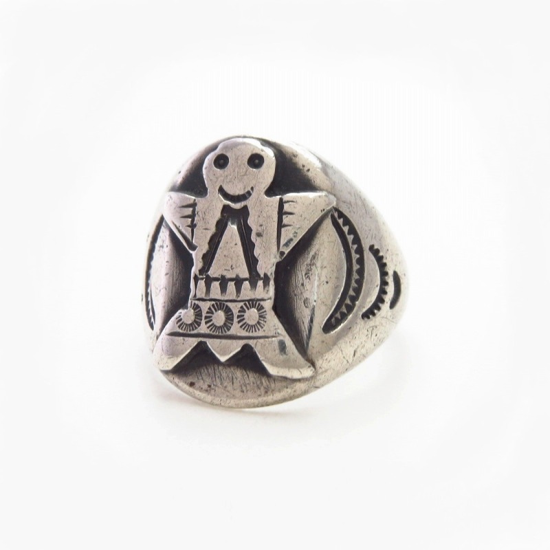 Atq Navajo Stamped Kachina or Human Applique Ring  c.1930～