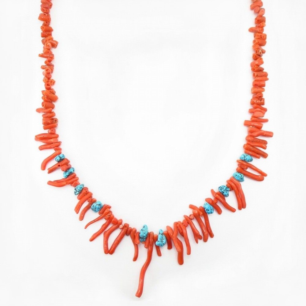 Old Single Strand Branch Coral & Turquoise Necklace  c.1975～