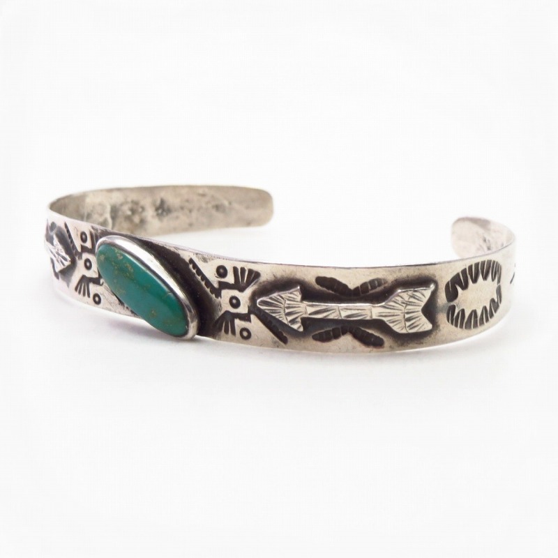 Atq Stamped Arrows Applique Cuff w/Green Turquoise  c.1930～