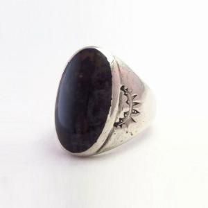 Vtg Navajo Silver Men's Ring w/Black PetrifiedWood  c.1950～