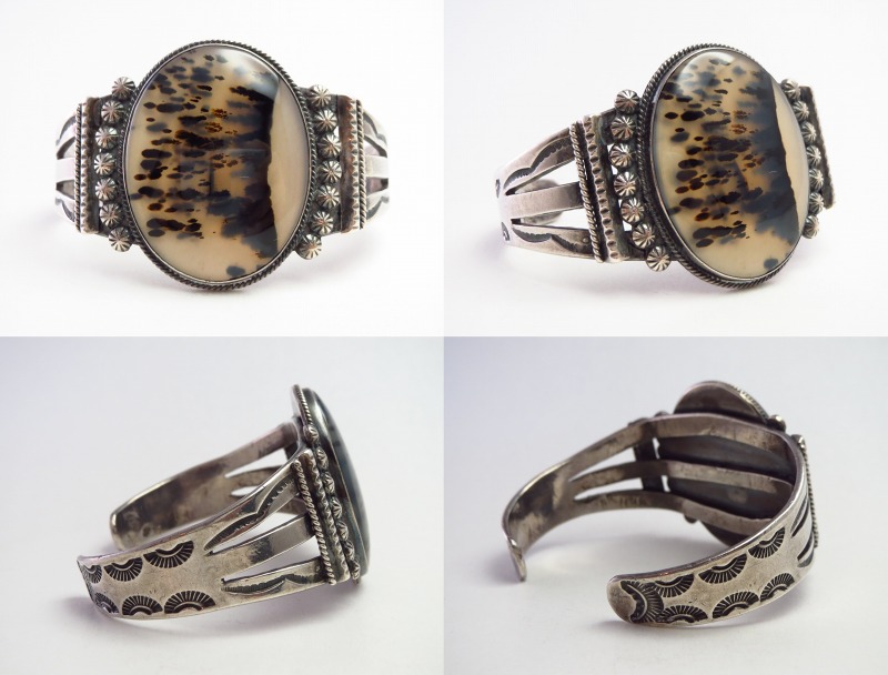 INDIAN JEWELRY LEATHER ARTSCRAFTS Tah'bah TRADERS / Vintage Navajo Stamped  Wide Cuff w/Dendritic Agate c.1955～