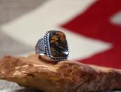 Vtg Navajo Silver Men's Ring w/Rect. PetrifiedWood  c.1950～