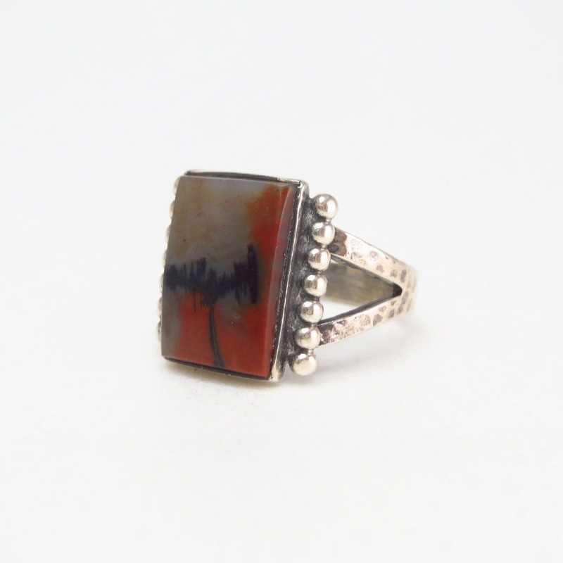 Vintage Hammered Etched Silver Ring w/PetrifiedWood  c.1945～