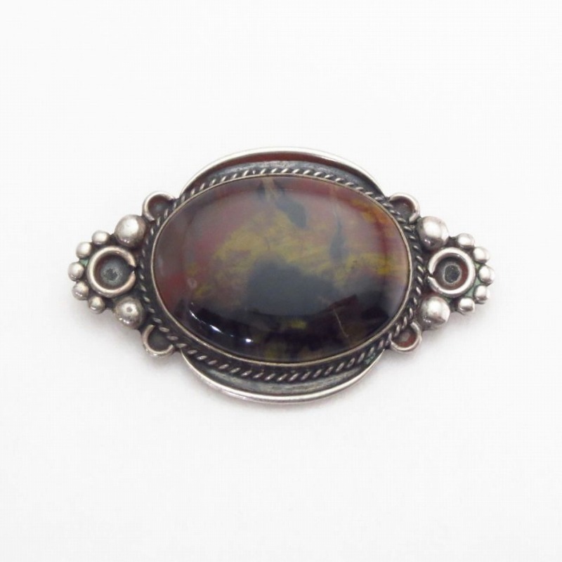 Vtg Navajo Silver Pin Brooch w/Rainbow PetrifiedWood c.1940～