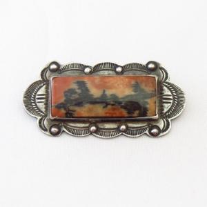 Vintage Navajo Silver Concho Pin w/Sq. PetrifiedWood  c.1940