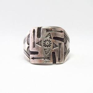 Antique Navajo Arrows Stamped 卍 Applique Silver Ring c.1920～