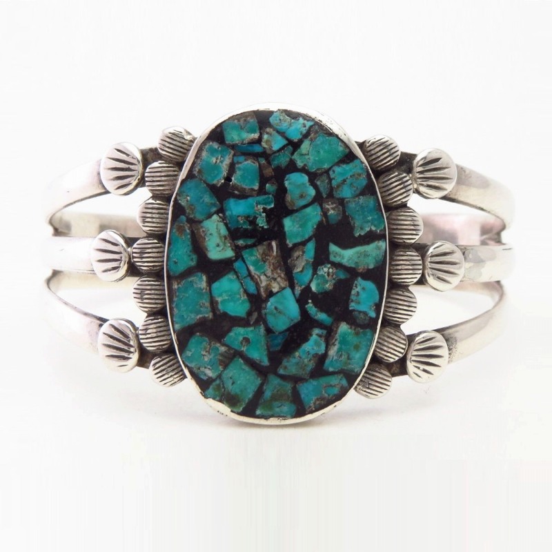 Vtg Navajo/Pueblo Stamped Silver Cuff w/Chip Inlay c.1940～