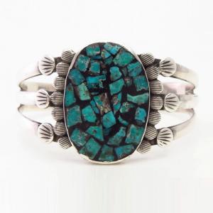 Vtg Navajo/Pueblo Stamped Silver Cuff w/Chip Inlay c.1940～