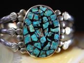 Vtg Navajo/Pueblo Stamped Silver Cuff w/Chip Inlay c.1940～