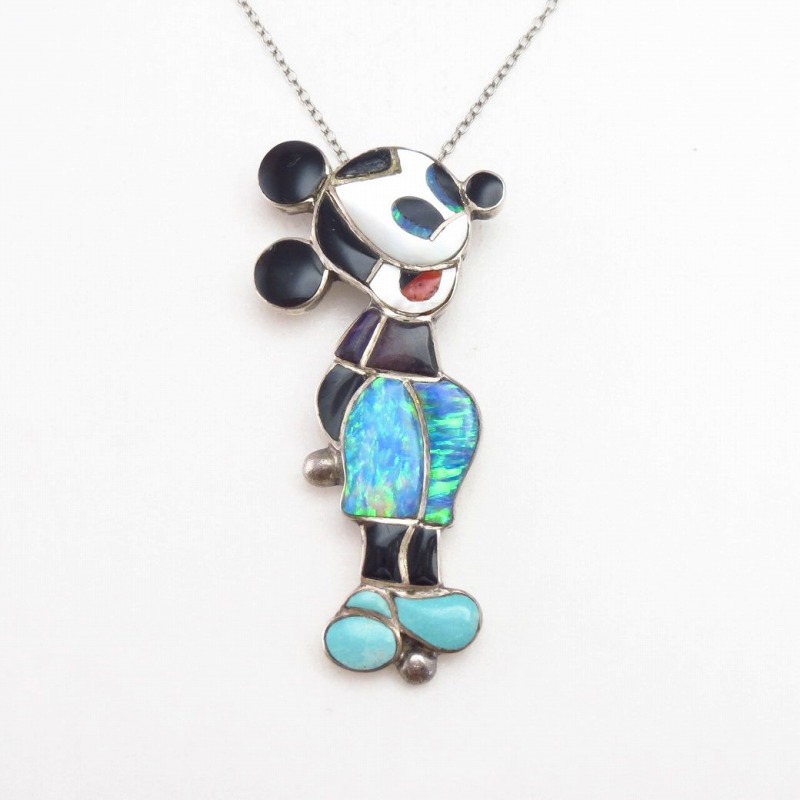 INDIAN JEWELRY LEATHER ARTSCRAFTS Tah'bah TRADERS / Vintage Zuni  Multi-Stone Inlay 『Mickey』 Top Necklace c.1975～