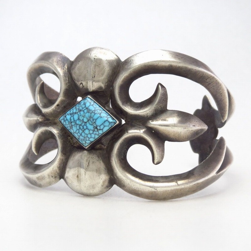 Vtg Navajo Cast Silver Cuff w/Black Web #8 Turquoise c.1950～
