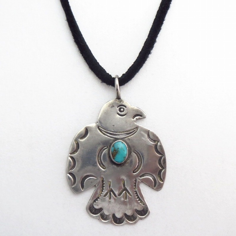 Atq Navajo Stamped Thunderbird Shape Fob Necklace  c.1930～