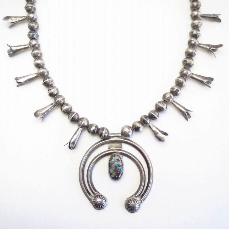 Atq Navajo Squash Blossom Naja Necklace w/Rare Gem TQ c.1940