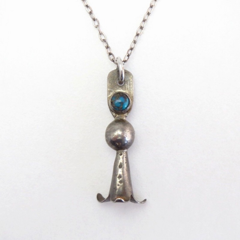 Atq Navajo Small Squash Blossom Fob Necklace w/Gem TQ c.1940