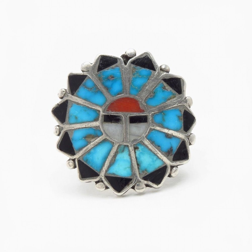 Vtg Zuni Gem Turquoise & Stone Inlay Sun Face Ring  c.1950～