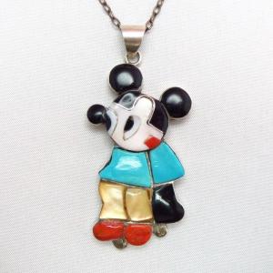 Zuni Vintage Channel Inlay Mickey Fob Necklace  c.1970
