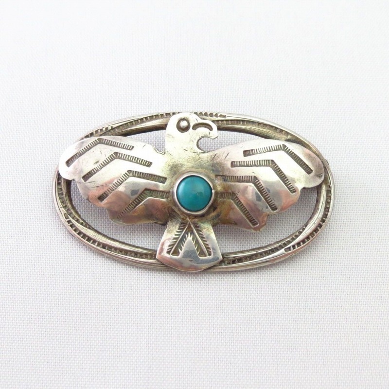 Antique Navajo Thunderbird Applique Silver Pin w/TQ  c.1930～