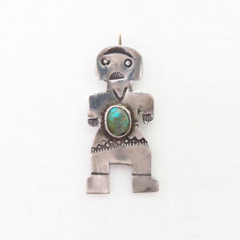 Atq Navajo Stamped Human Shape Pin w/Gem Turquoise  c.1930～