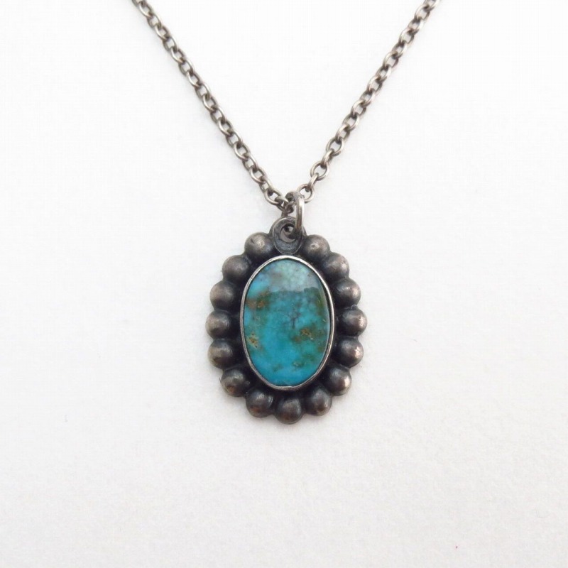 Atq Gem Quality Turquoise Small Fob Silver Necklace  c.1940～