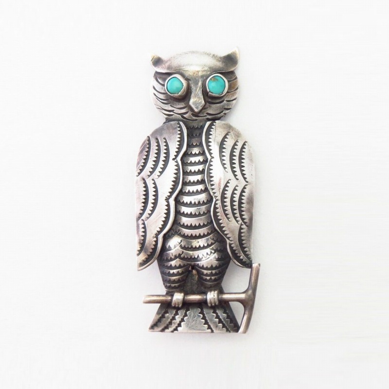 【UITA22】 Vintage Navajo Owl Shaped Silver Pin Brooch c.1945～